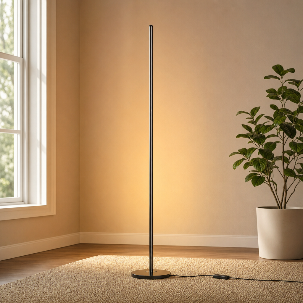 RGBIC Floor Lamp Basic — 53.7in Smart LED Standing Lamp, 1000 lm, Music Sync centered in a warm neutral furnished room