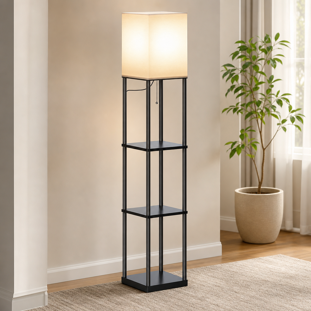 Floor Lamp with Built-In Shelves — 4- or 5-Tier, Switchable 3-Color LED centered in a warm neutral furnished room