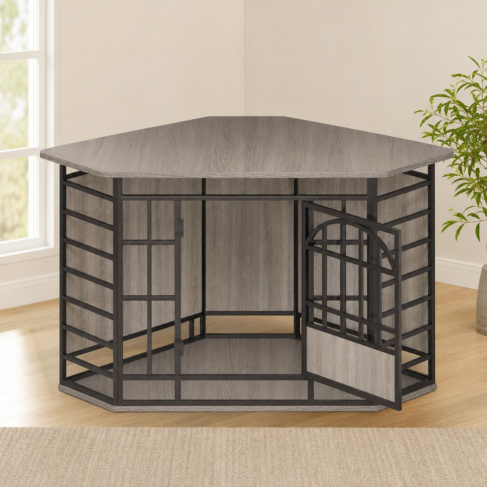 Corner Dog Crate Furniture 52-inch Wood-Top Side Table — Grey/Cognac Brown centered in a warm neutral furnished room
