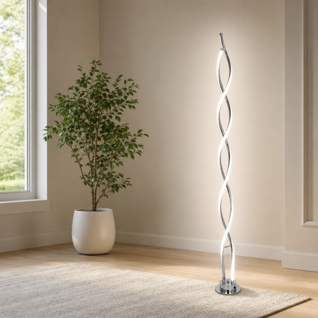 Spiral LED Floor Lamp, 58-inch Dimmable with Remote and Pedal centered in a warm neutral furnished room