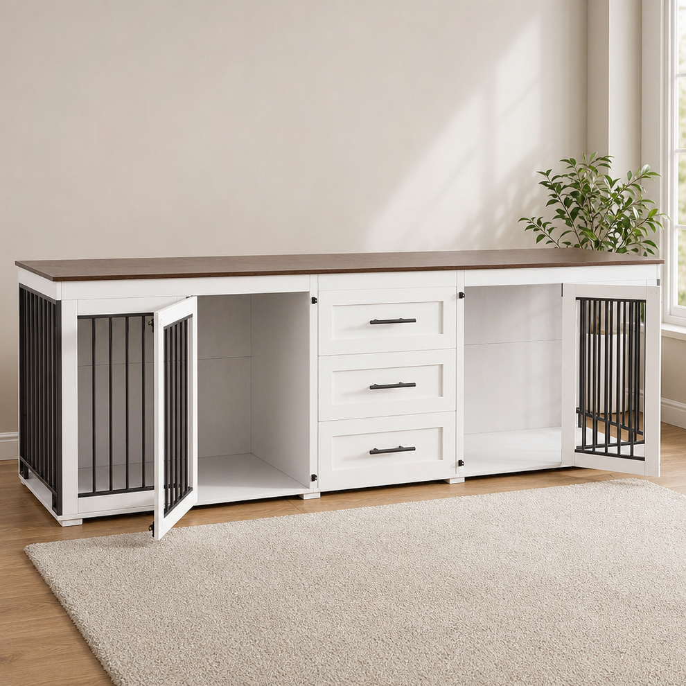 Double Dog Crate TV Stand 94.5" — 2-Room Kennel with 3 Drawers, 4 Bowls, Lockable  centered in a warm neutral furnished room