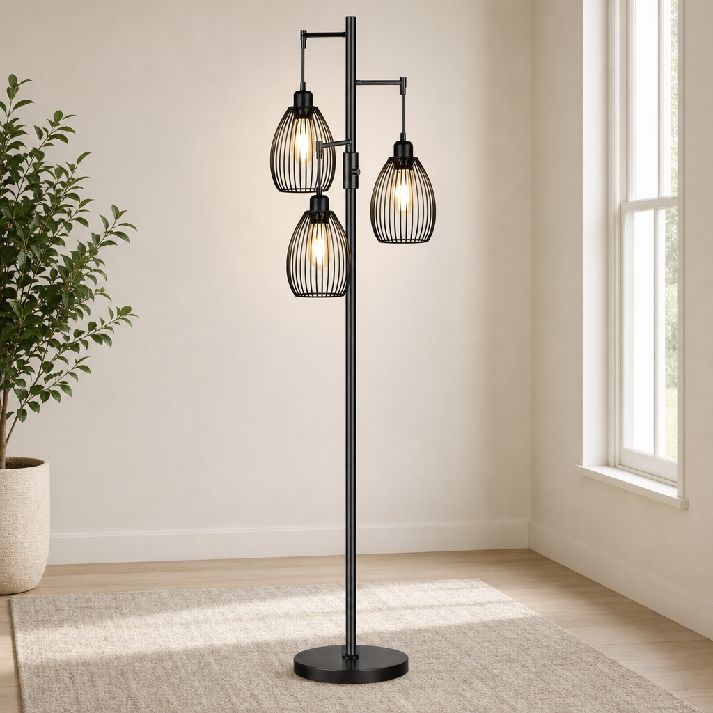 70 in Metal Floor Lamp with 3 LED Bulbs, Stepless Dimmer, Weighted Metal Base centered in a warm neutral furnished room
