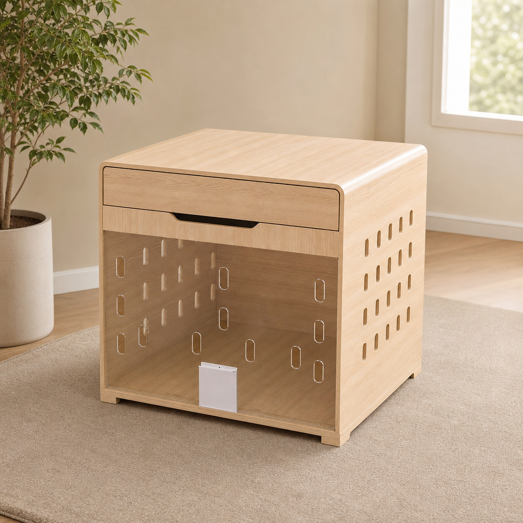 Dog Crate End Table with Charging Station & Flip-Up Acrylic Door — Oak or Grey, Fi centered in a warm neutral furnished room