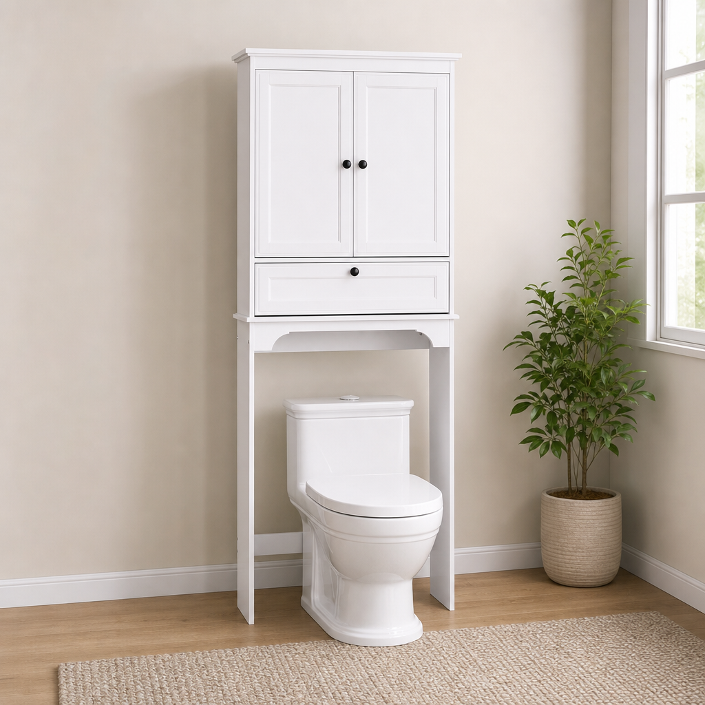 Over-the-Toilet Storage Cabinet with Tilt-Out Cube and Adjustable Shelf, White centered in a warm neutral furnished room