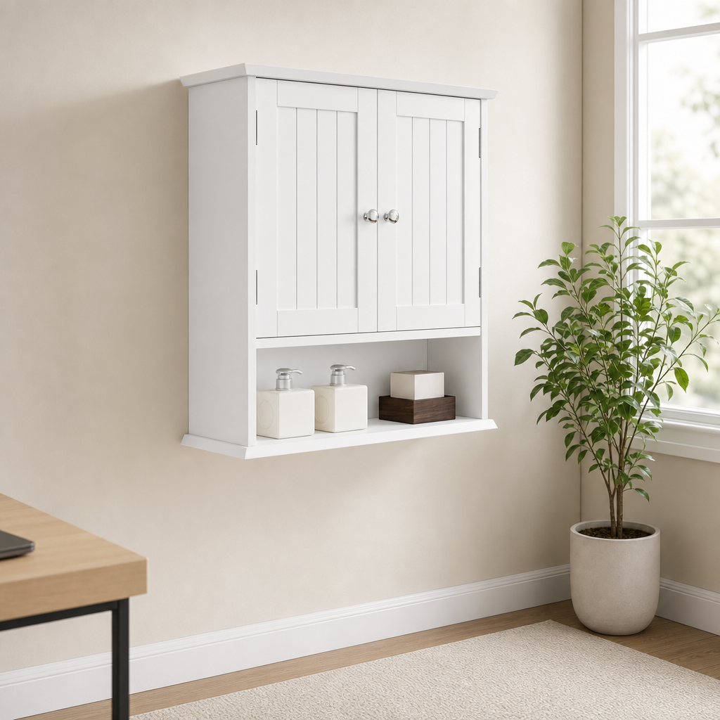 Wall-Mount Bathroom Cabinet with 2 Doors & Open Shelf centered in a warm neutral furnished room