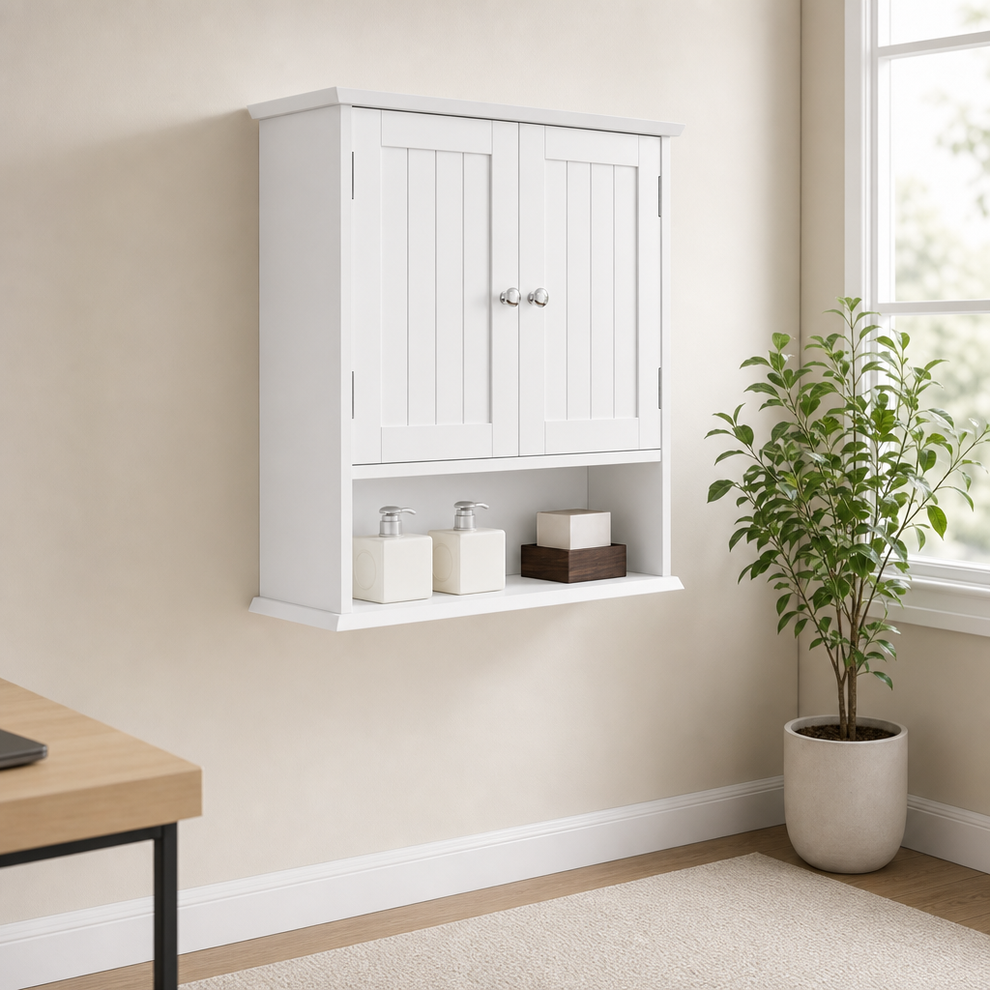 Wall-Mount Bathroom Cabinet with 2 Doors & Open Shelf centered in a warm neutral furnished room