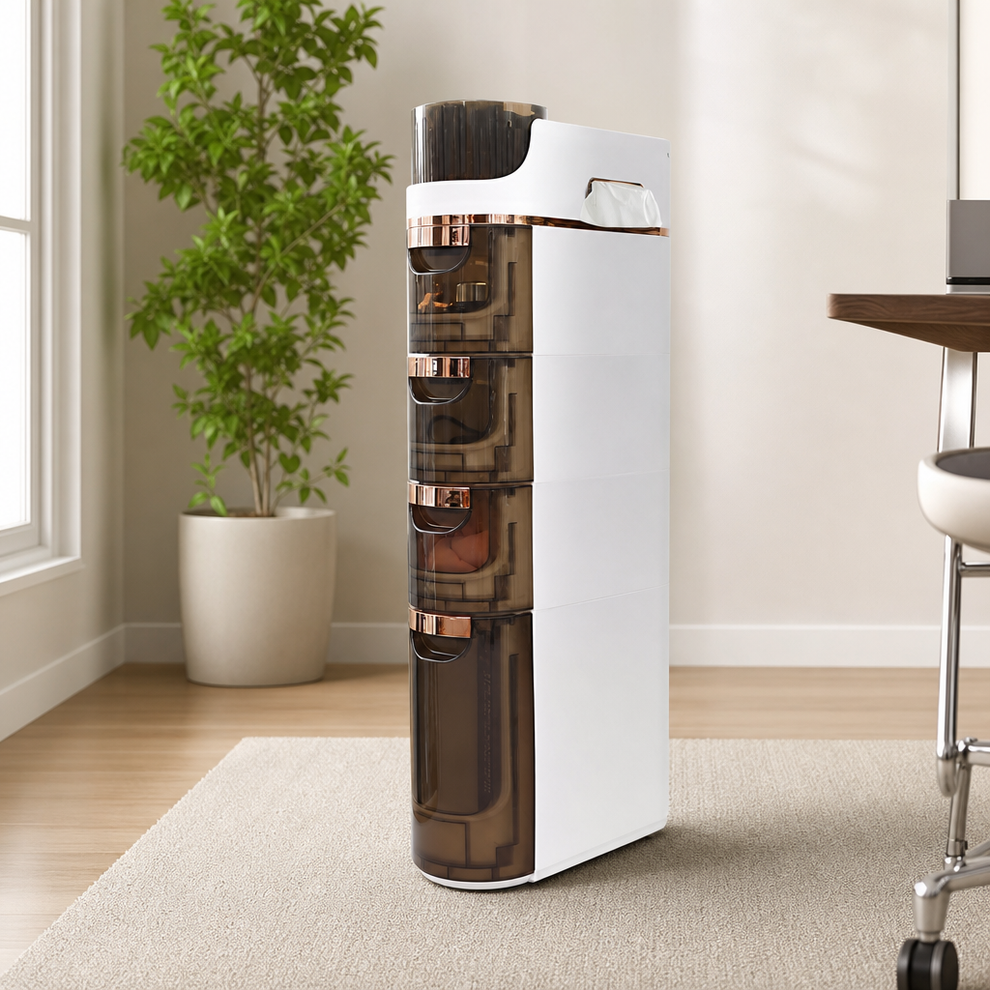 Slim Bathroom Storage Cabinet — 4-Tier White Plastic with Casters centered in a warm neutral furnished room