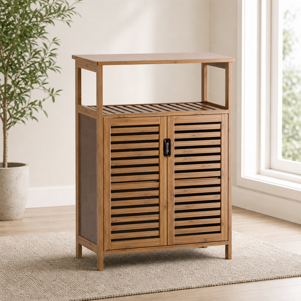 Bamboo Freestanding Storage Cabinet with Doors & Open Shelf, Walnut centered in a warm neutral furnished room