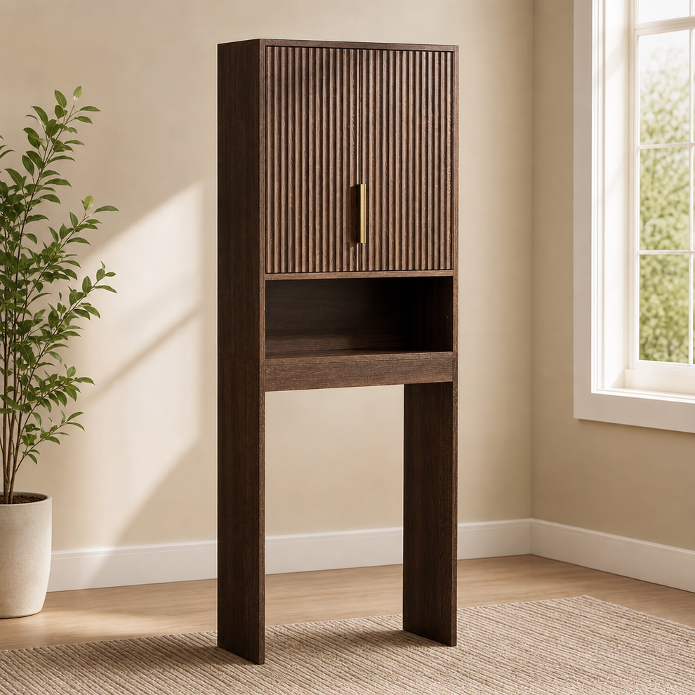 Over-the-Toilet Storage Cabinet Mid-Century Fluted Doors, Dark Walnut, 23.6"W x 9. centered in a warm neutral furnished room