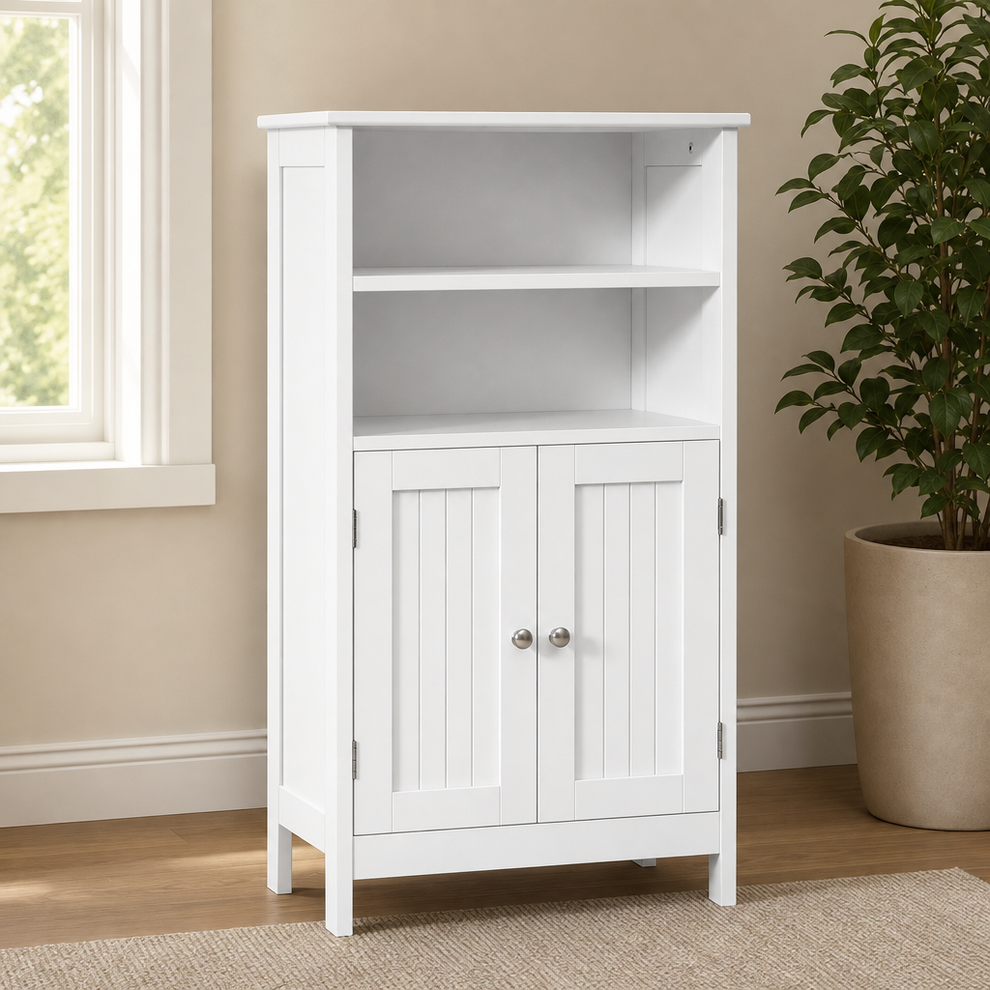 Freestanding Bathroom Storage Cabinet, 20" L x 12" W x 36.5" H, White centered in a warm neutral furnished room