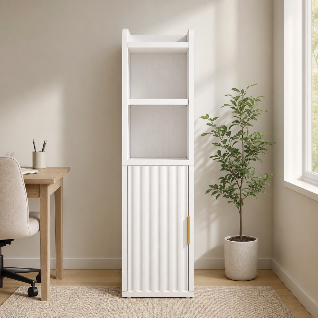 Slim Freestanding Wood Bathroom Cabinet with Fluted Door, 29.5 in H centered in a warm neutral furnished room
