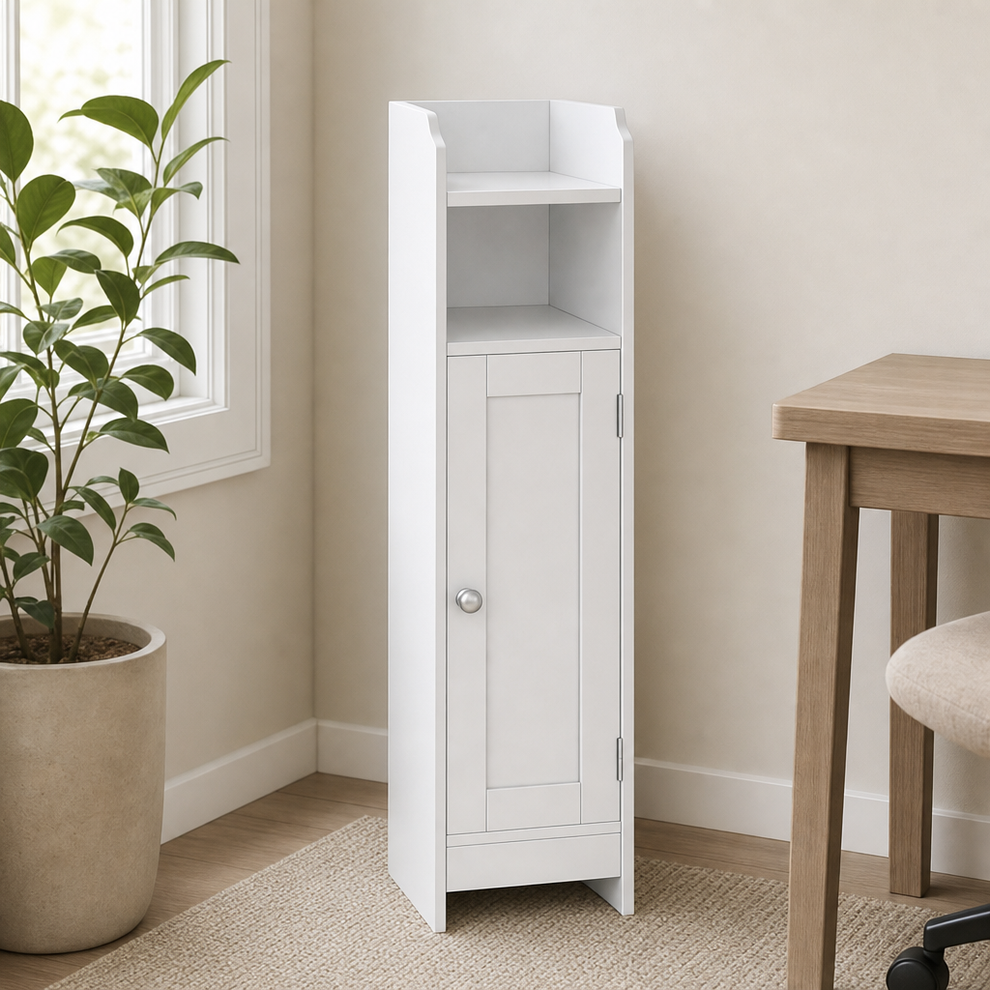 Slim Corner Bathroom Storage Cabinet with Door, MDF, 7.9"D x 7.1"W x 31.5"H centered in a warm neutral furnished room