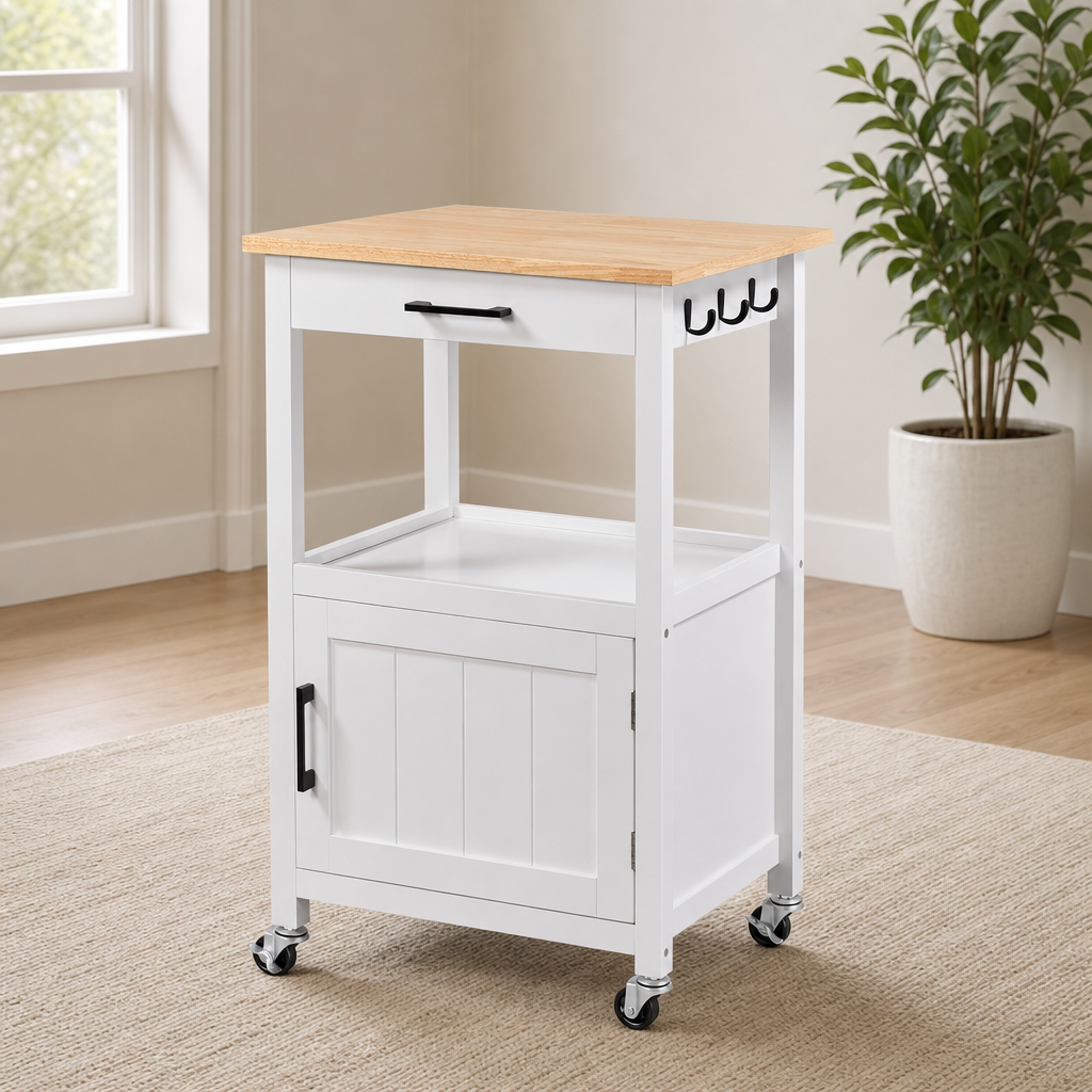 Compact Rolling Kitchen Cart with Drawer, Cabinet & Hooks, Wood-Grain Finish — Whi centered in a warm neutral furnished room