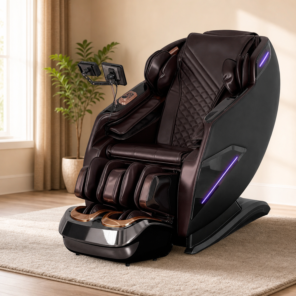 4D Shiatsu Massage Chair Recliner — 57.1" SL Track, Zero‑Gravity, Heat & Foot Roll centered in a warm neutral furnished room