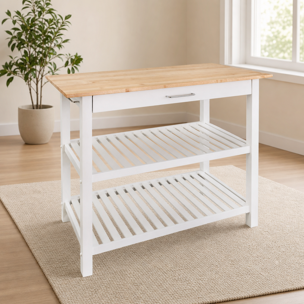 Kitchen Island Cart with Solid Wood Top, Natural/White, 20" W x 40" D centered in a warm neutral furnished room