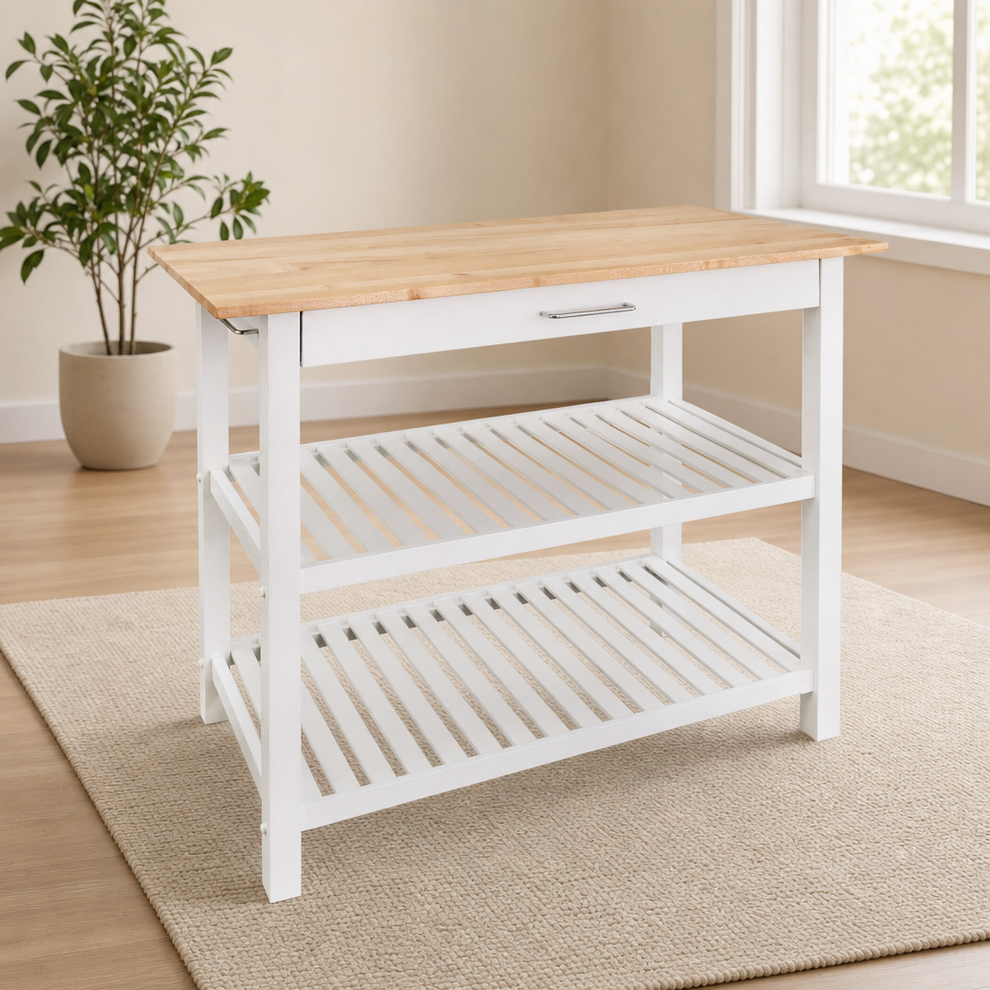 Kitchen Island Cart with Solid Wood Top, Natural/White, 20" W x 40" D centered in a warm neutral furnished room