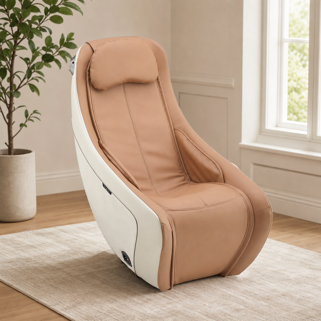 CirC Massage Chair — S‑L Track, Lumbar Heat, Ambient Light, Remote (Beige) centered in a warm neutral furnished room