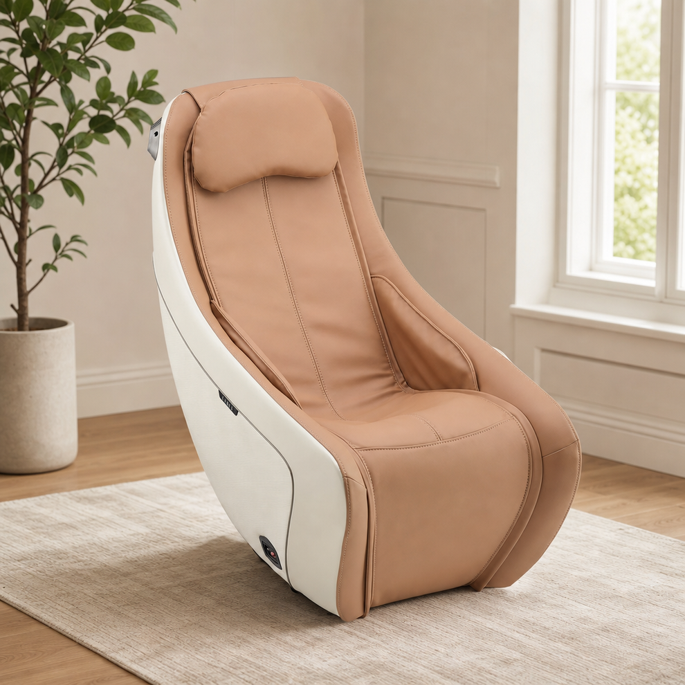 CirC Massage Chair — S‑L Track, Lumbar Heat, Ambient Light, Remote (Beige) centered in a warm neutral furnished room