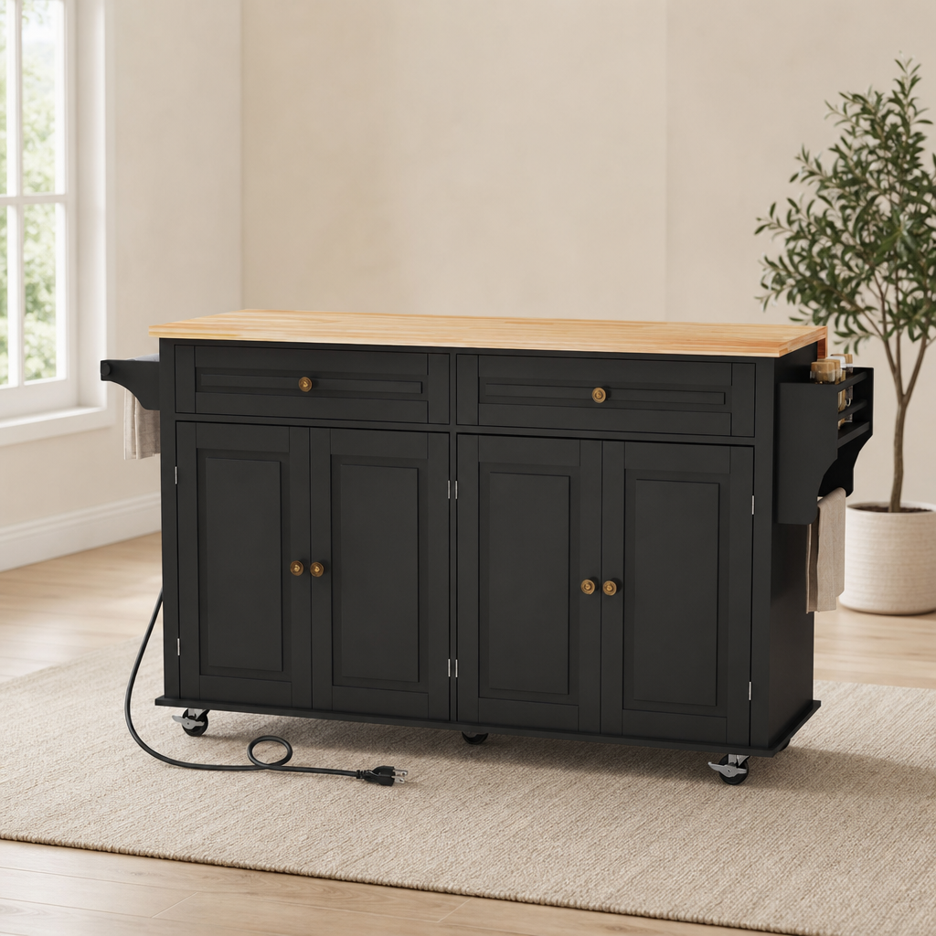 Rolling Kitchen Island Cart with Sliding Drop-Leaf Rubber Wood Countertop, Power O centered in a warm neutral furnished room