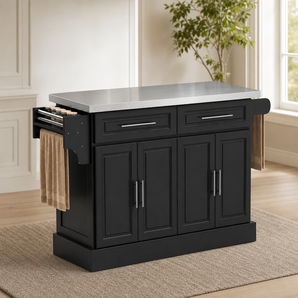 Kitchen Island Cart with Stainless-Steel Top, Drawers & Cabinets, 57" W centered in a warm neutral furnished room