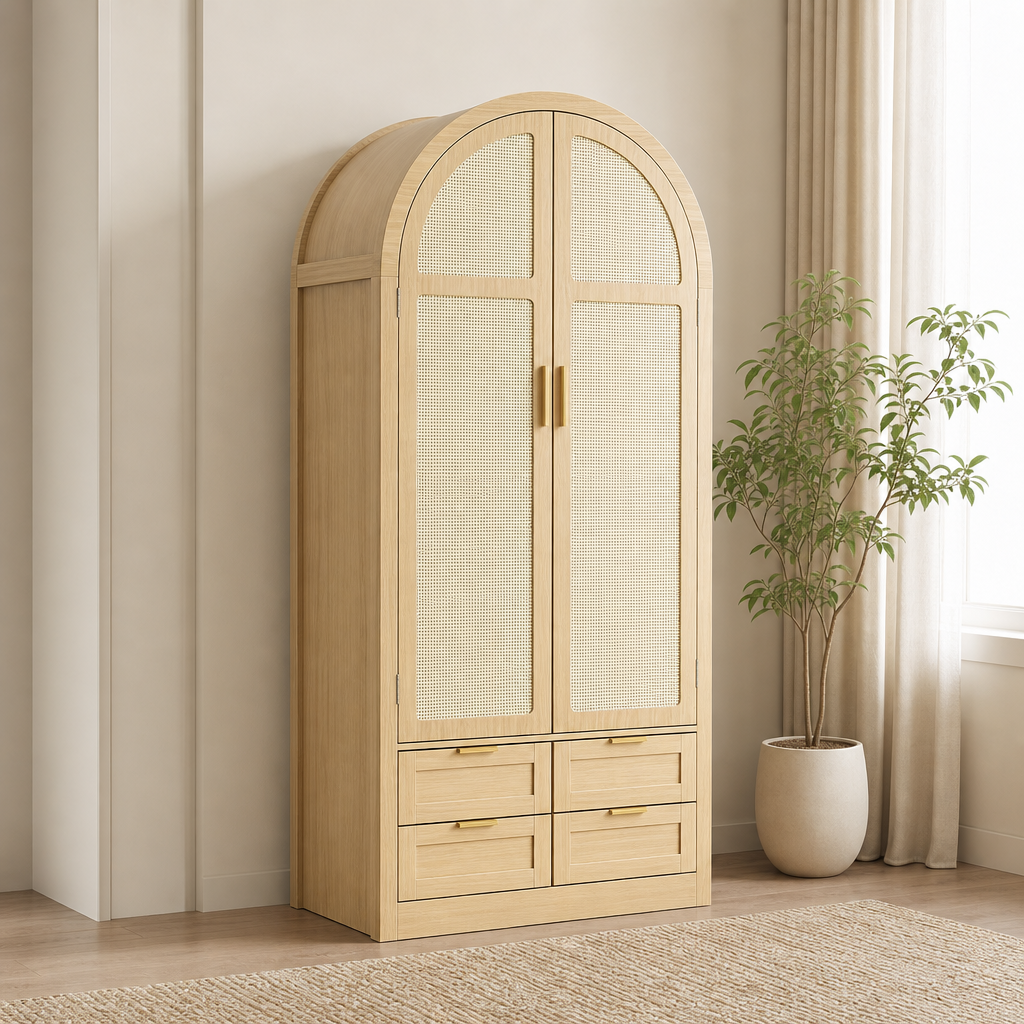 Arched Armoire Wardrobe with Rattan Doors and 4 Drawers, 31.5"W x 20"D x 71"H centered in a warm neutral furnished room