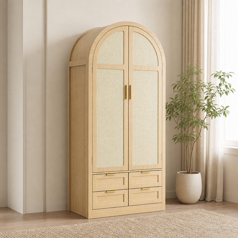 Arched Armoire Wardrobe with Rattan Doors and 4 Drawers, 31.5"W x 20"D x 71"H centered in a warm neutral furnished room