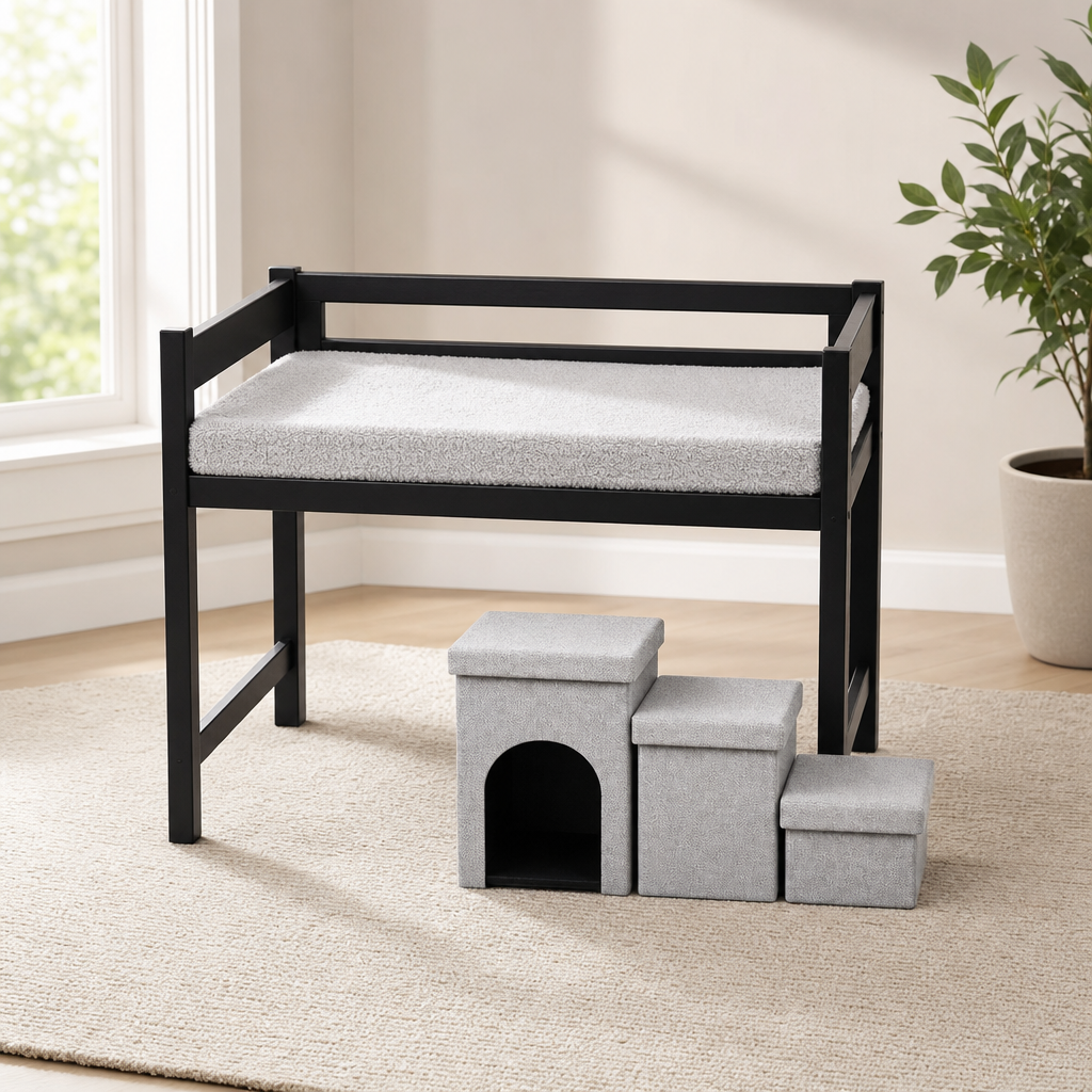Black wood bedside pet bed with gray 3-inch mattress and folded three-step stairs in a bright room