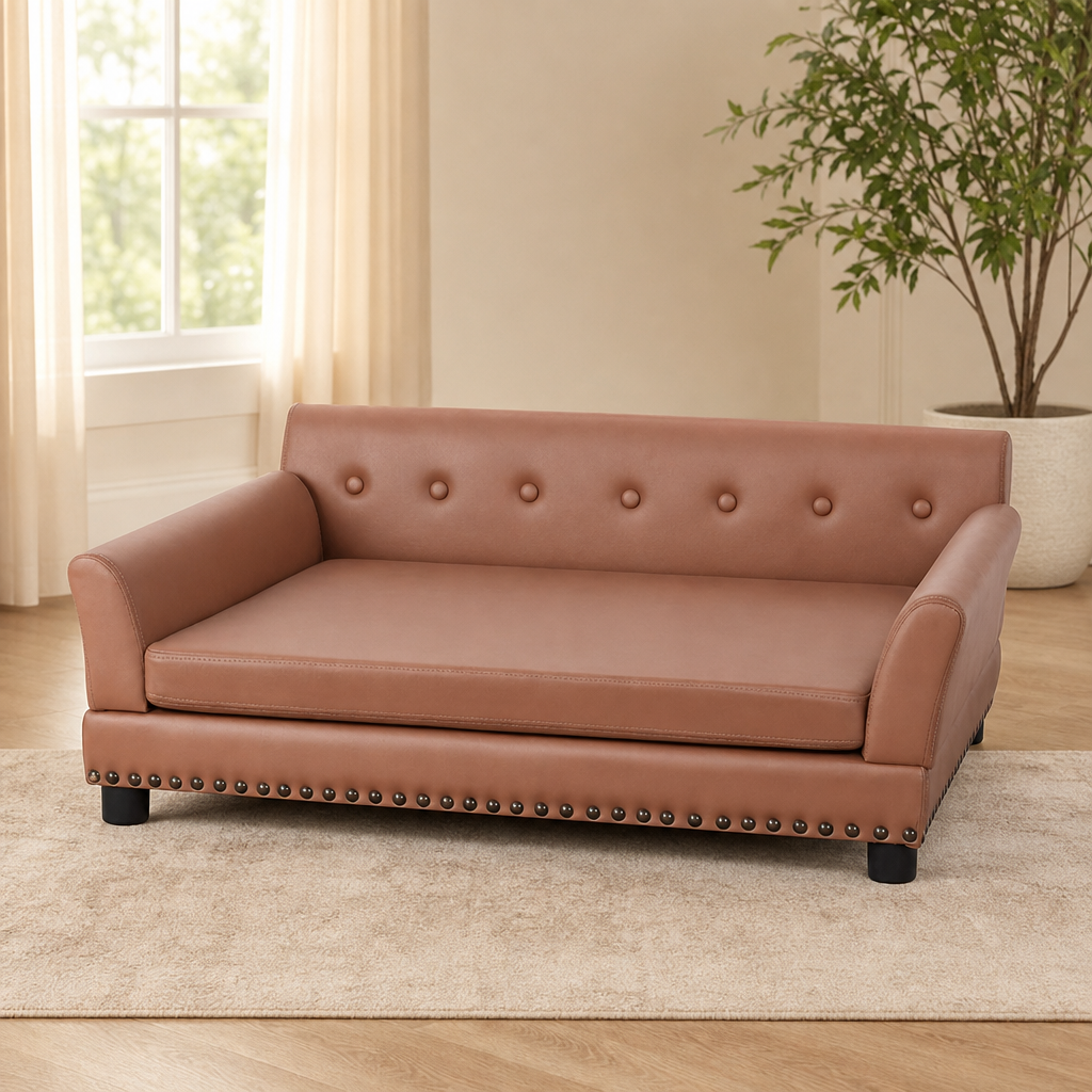 Scratch-Resistant Leather Dog Sofa — Elevated Wooden Frame, Fits Pets up to 77 lb centered in a warm neutral furnished room