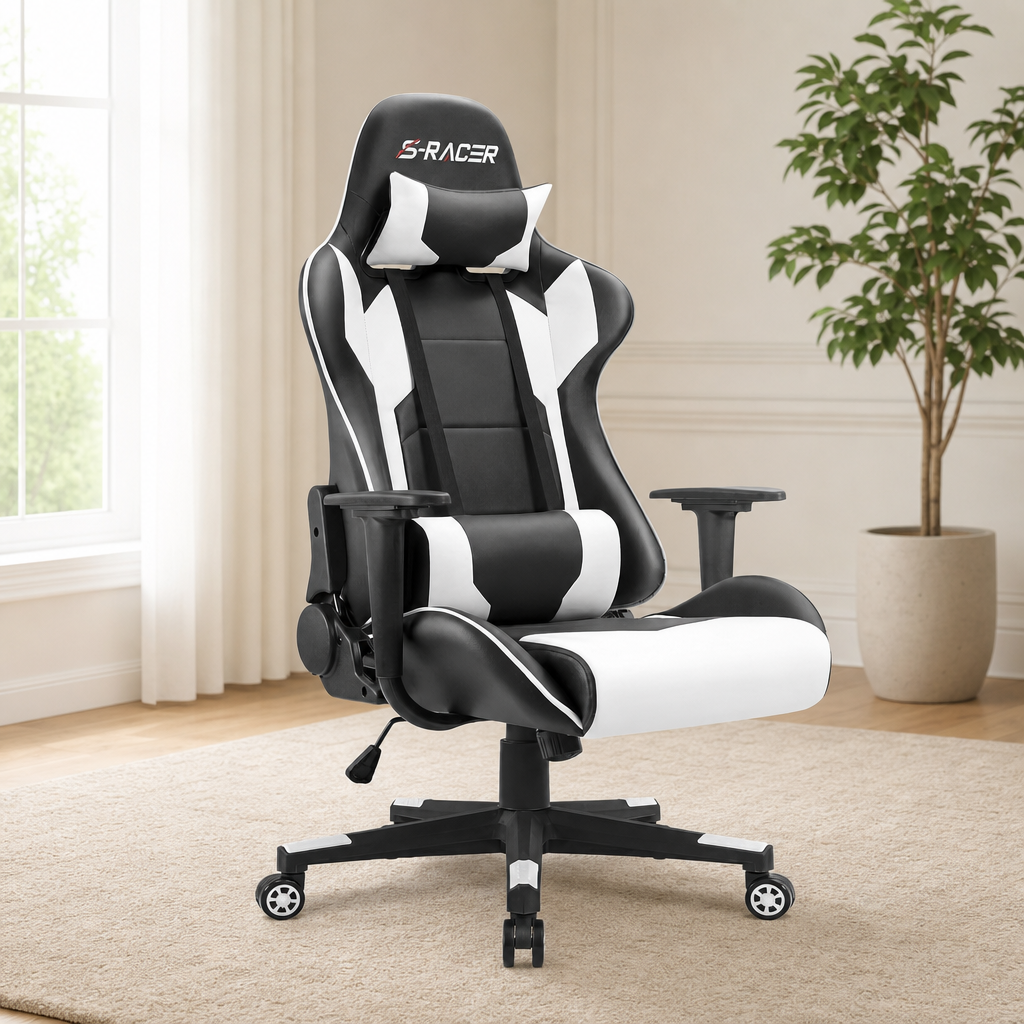 High-Back Office Chair — PU Leather Ergonomic with Headrest & Lumbar, 300 lb Capac centered in a warm neutral furnished room