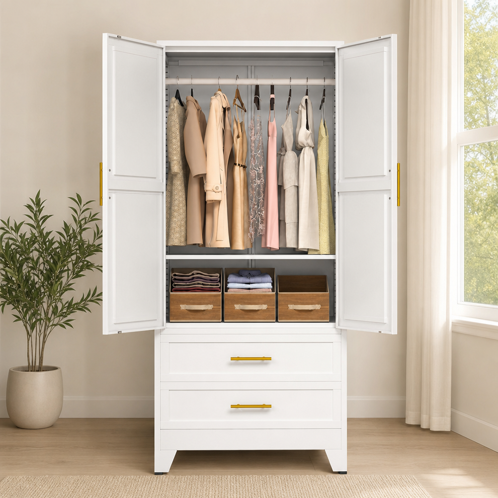 Steel Wardrobe Cabinet with Hanging Rod, Adjustable Shelf & 2 Drawers — 71" H x 31 centered in a warm neutral furnished room