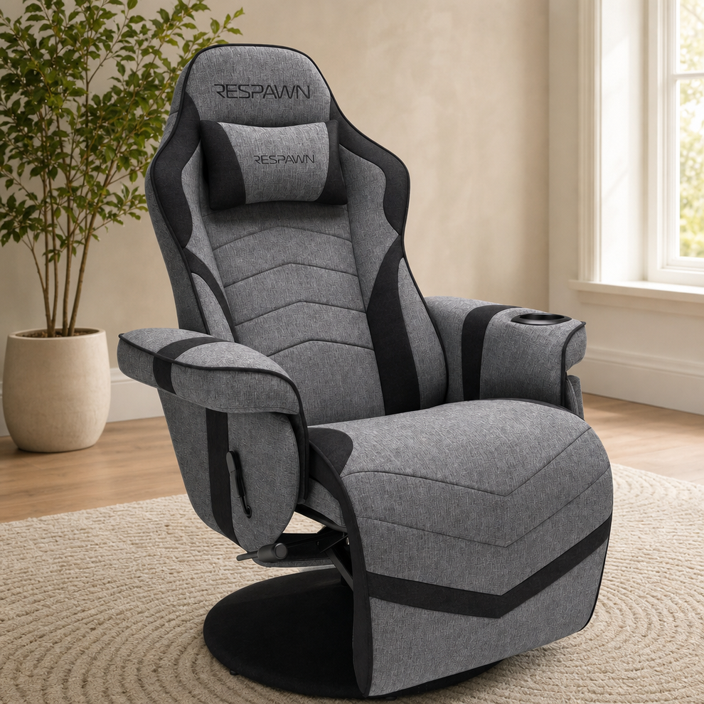 900 Racing-Style Gaming Recliner with Footrest, Cup Holder & Swivel centered in a warm neutral furnished room