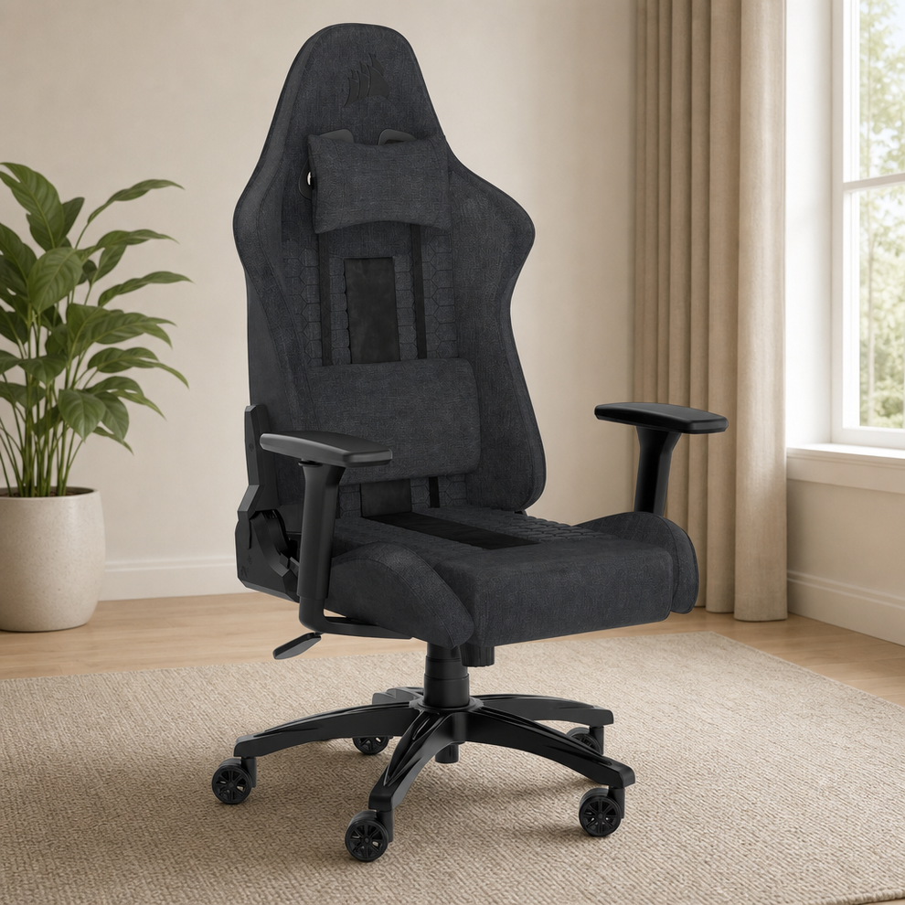 Relaxed Fabric Gaming Chair — 375mm Seat, Reclines 90–150°, Lumbar & Memory Foam N centered in a warm neutral furnished room