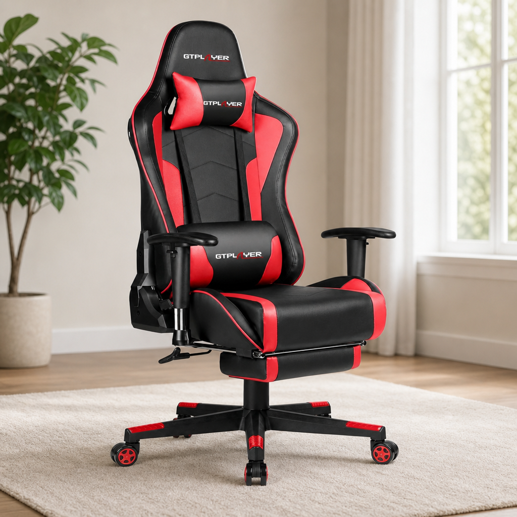 Gaming Chair with Bluetooth Speakers, Retractable Footrest & 90–155° Recline centered in a warm neutral furnished room