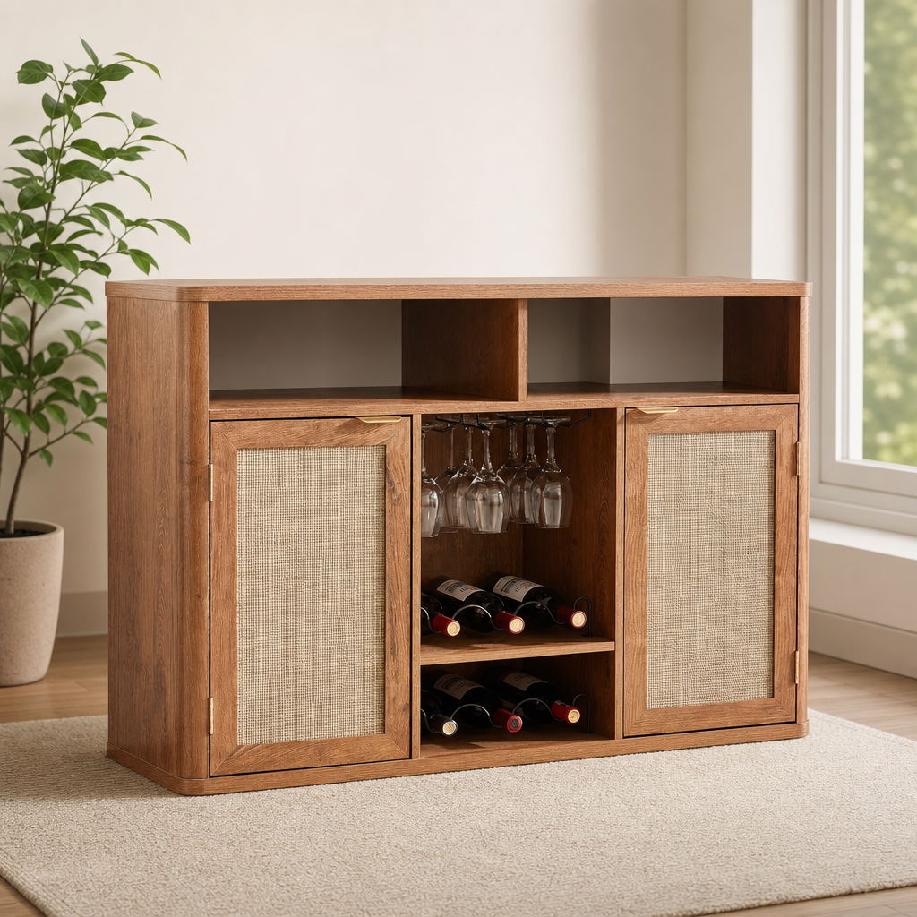 Rattan Wine Bar Cabinet with Built-In Wine Rack and Rattan Mesh Doors centered in a warm neutral furnished room