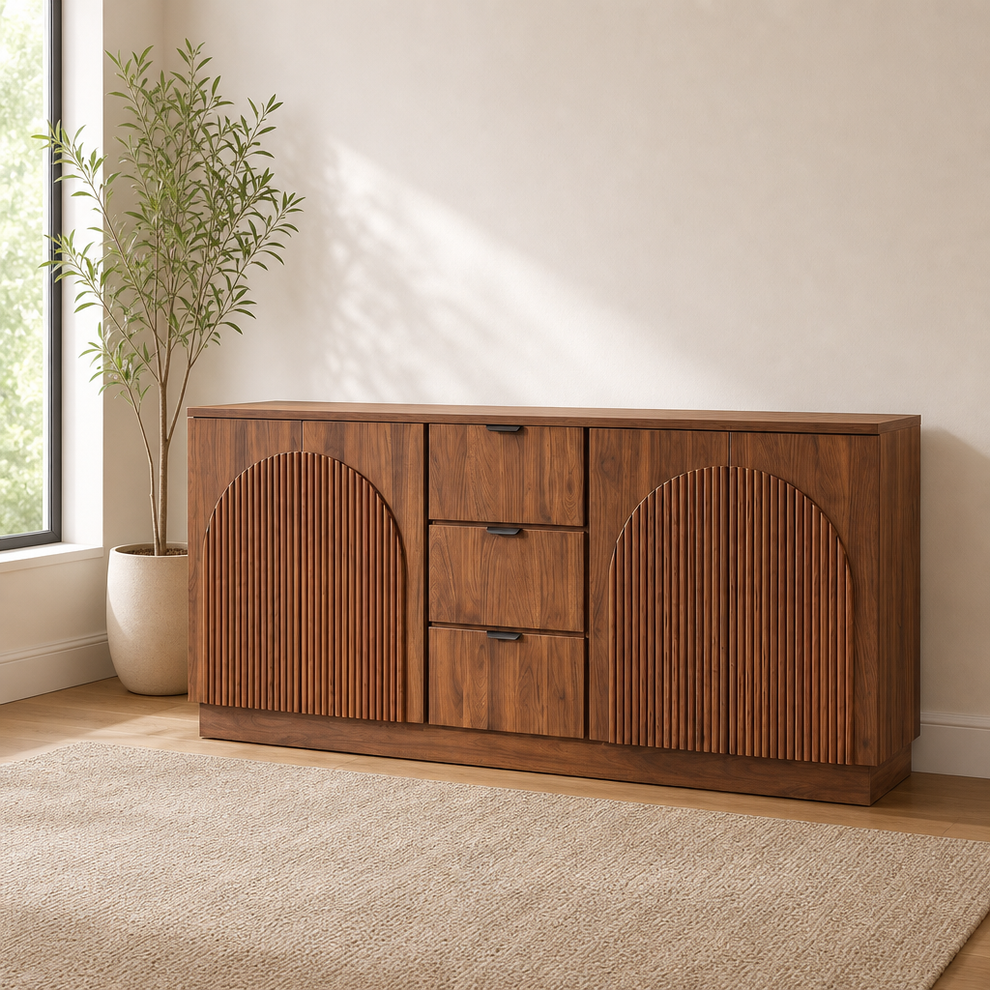 67" Sideboard Buffet in Walnut with 4 Arched Reeded Doors & 3 Drawers centered in a warm neutral furnished room