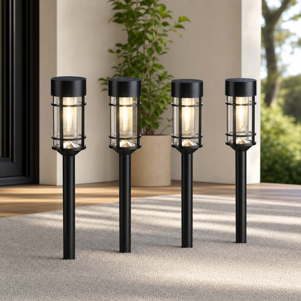 Four black solar pathway lights mounted in stakes shown on a patio with plants, front view and warm glow