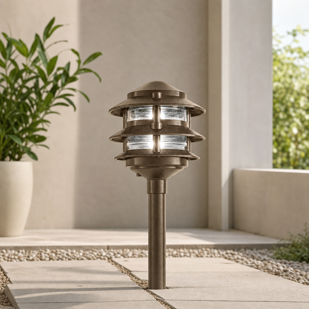 120V Line-Voltage LED Pathway Light, Weatherproof, Die-Cast Zamak centered in a warm neutral furnished room