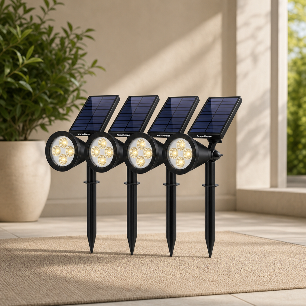 Solar Spotlights Adjustable — 1.5W Monocrystalline Panel, Stake or Wall Mount centered in a warm neutral furnished room