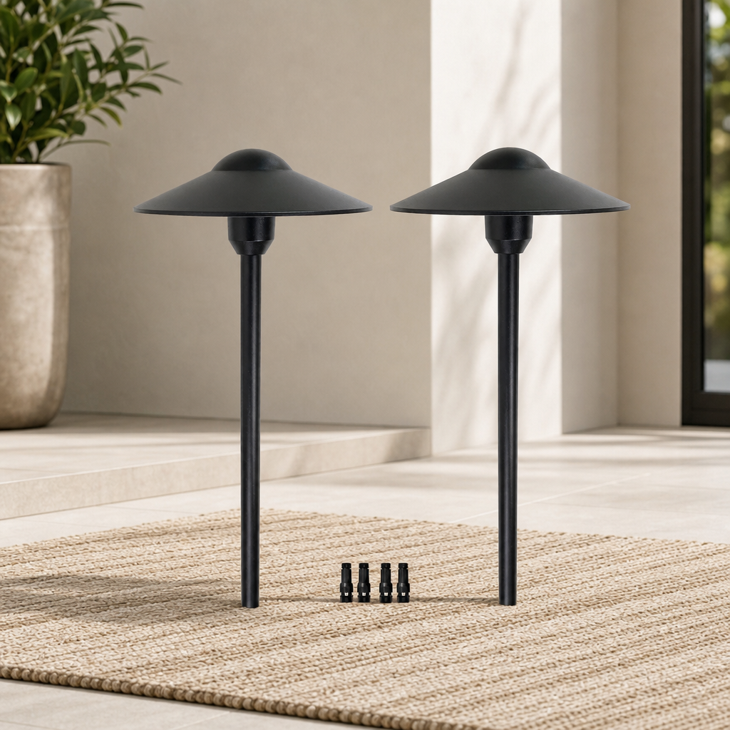 Low-Voltage Pathway Lights 2-Pack, Replaceable G4 LED, Warm White centered in a warm neutral furnished room
