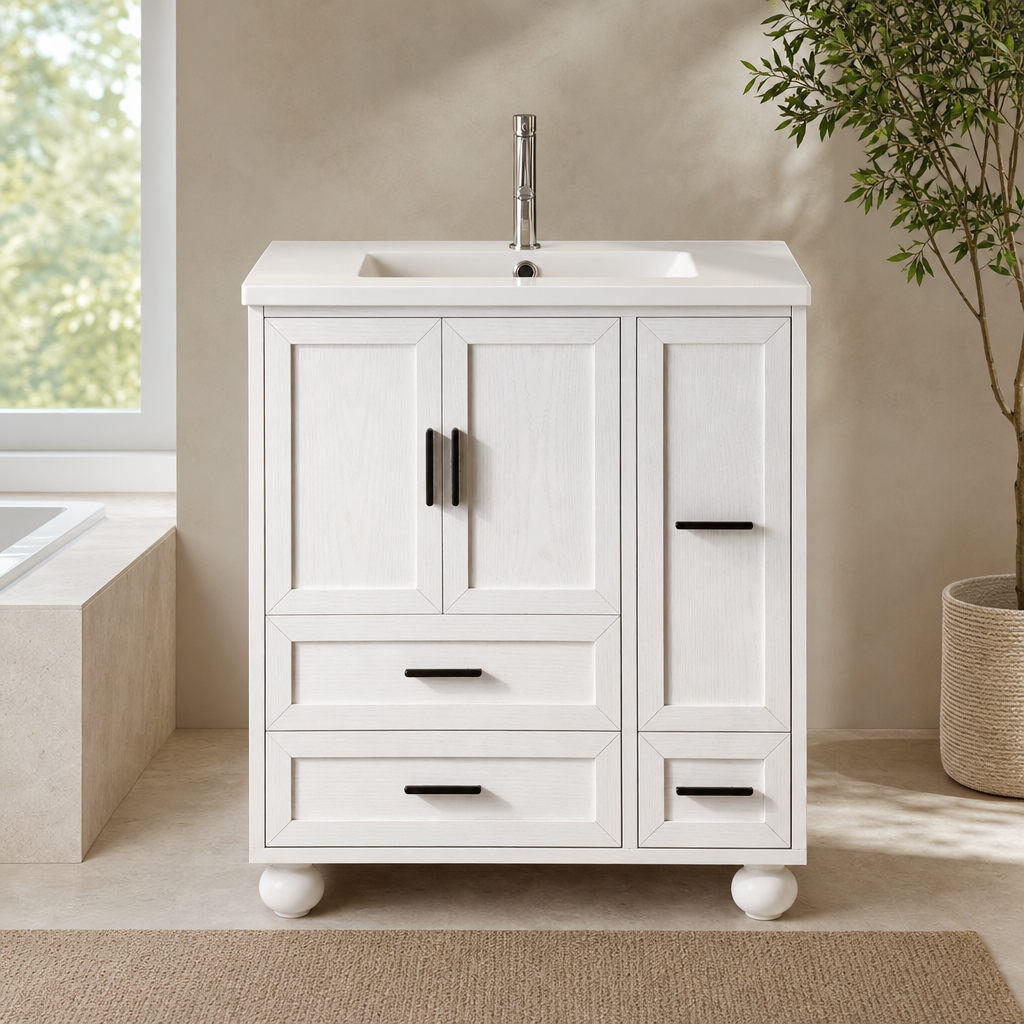 Bathroom Vanity 29.5" with Undermount SMC Sink, 4 Drawers & Hair-Tool Pull-Out, Wh centered in a warm neutral furnished room