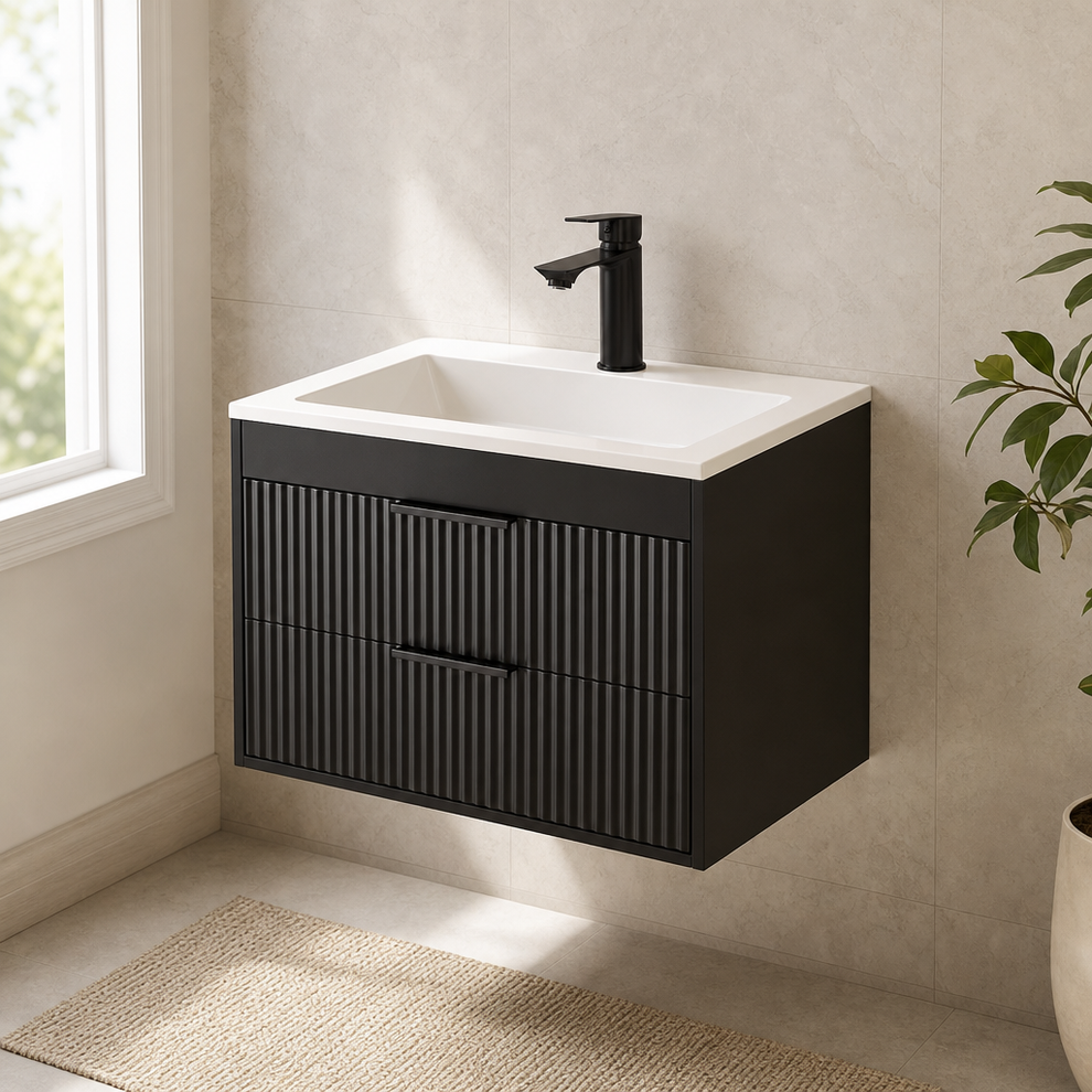 Wall-Mounted Bathroom Vanity with White Resin Sink and Two Drawers centered in a warm neutral furnished room