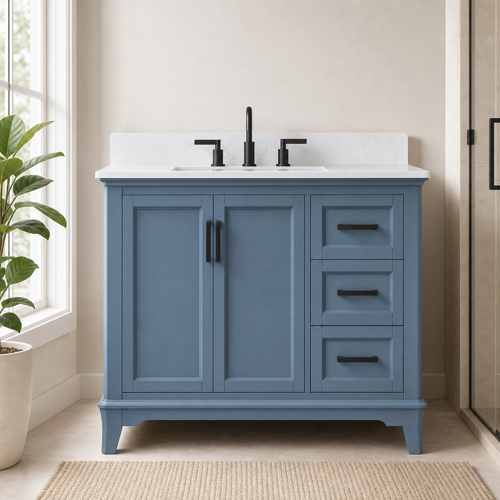 42-Inch Bathroom Vanity with Quartz Top, Backsplash & Pre-installed Sink — Steel B centered in a warm neutral furnished room