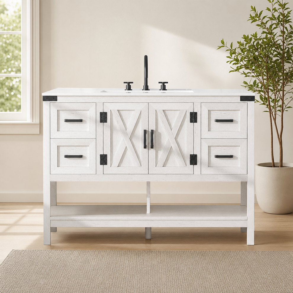 Farmhouse Bathroom Vanity with Integrated Sink and Open Shelf centered in a warm neutral furnished room