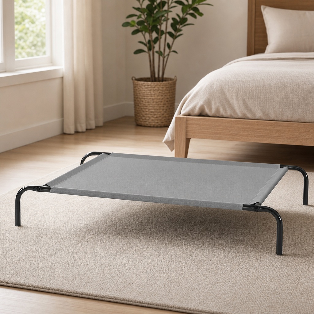 Elevated Dog Bed — Breathable Mesh on Iron Frame, Multiple Sizes centered in a warm neutral furnished room