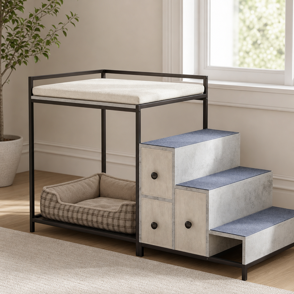 Multi-Level Pet Bed with Stairs and Under-Stair Storage — Iron Frame with Removabl centered in a warm neutral furnished room