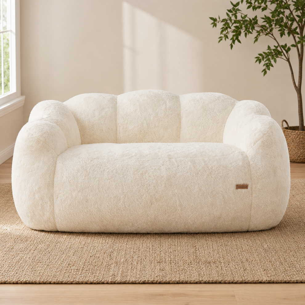 Floral-Shaped Faux Fur Bean Bag Chair — Pre-Filled, Shredded Foam (Single & Lovese centered in a warm neutral furnished room