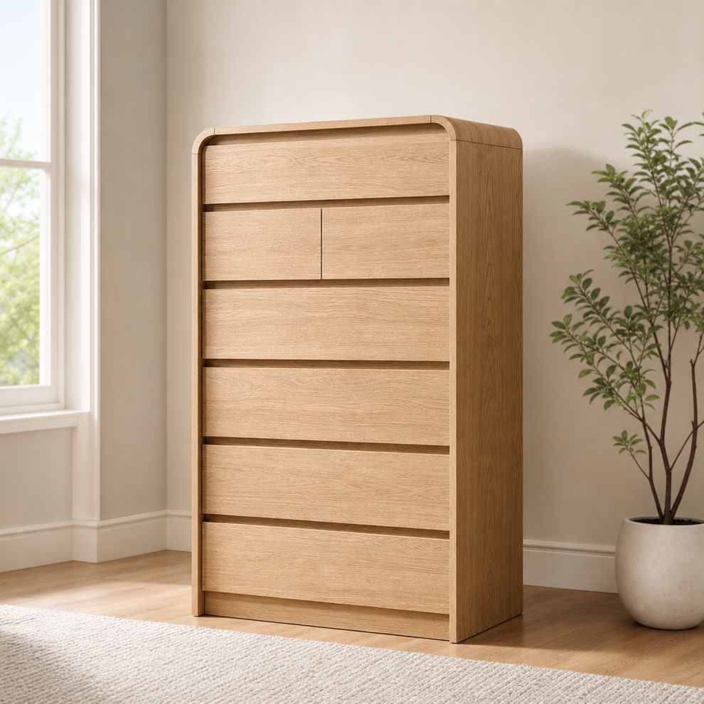 7-Drawer Tall Dresser, Natural Oak Finish, 31.5"W x 15.55"D x 55.5"H centered in a warm neutral furnished room