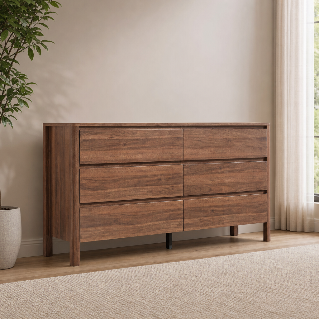 Walnut 6-Drawer Dresser with Hidden Handles centered in a warm neutral furnished room