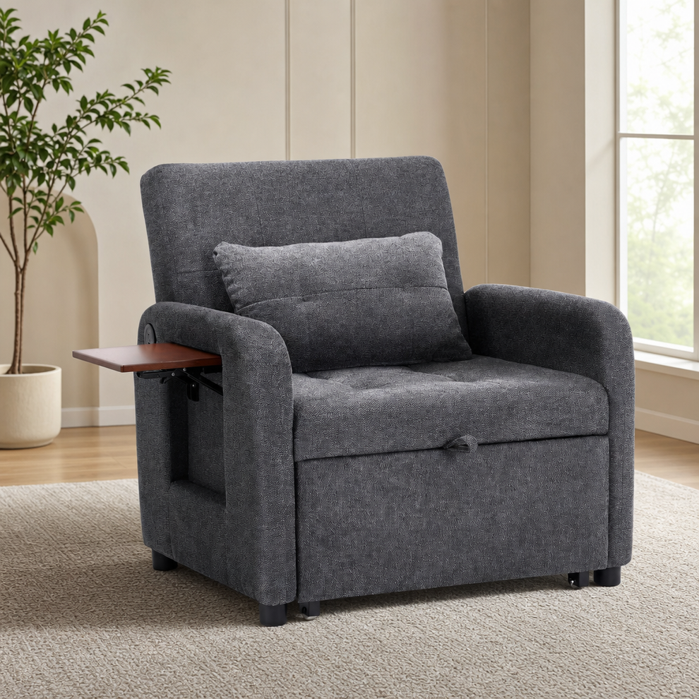 Dark grey fabric sleeper chair angled front view with removable pillow and foldable side table extended