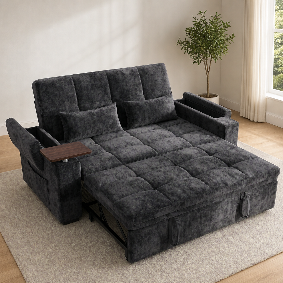 Chenille Convertible Sleeper Sofa Bed with Swivel Side Table & Storage centered in a warm neutral furnished room
